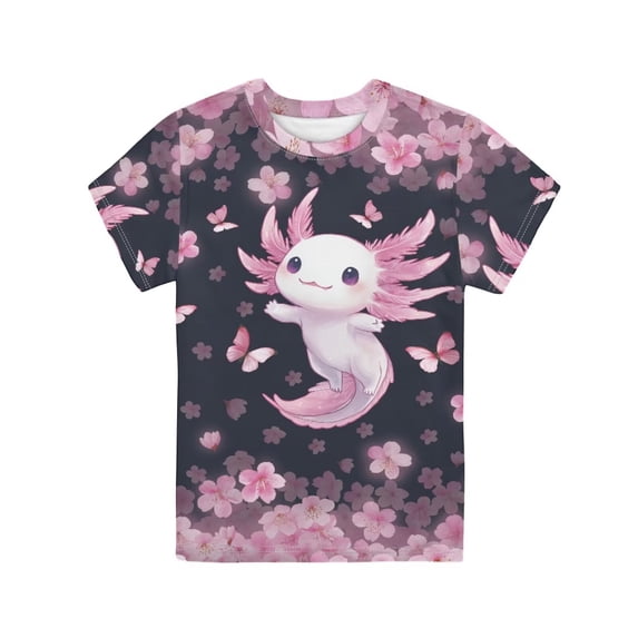 Garronmavis Cherry Blossom Axolotl T-Shirts for Kids Girls 9-10 Summer Short Sleeve Crewneck Shirts Cute Graphic Tees Y2K Pullover Top Cozy Casual Play Clothes for School Daily Wear