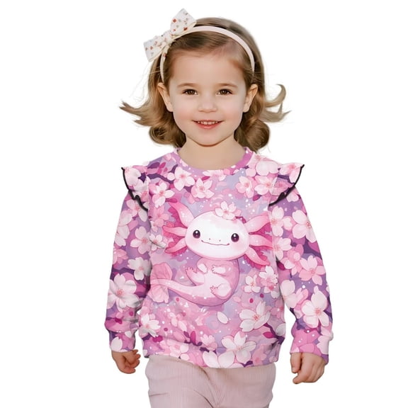 Garronmavis Cherry Blossom Long Sleeve Pullover Versatile Axolotl Kids Sweatshirts Pullover Stylish Toddler Girl Sweatshirt Clothes Outfit Fashion Ruffle Long Sleeve Girls Top for Girls 4-5