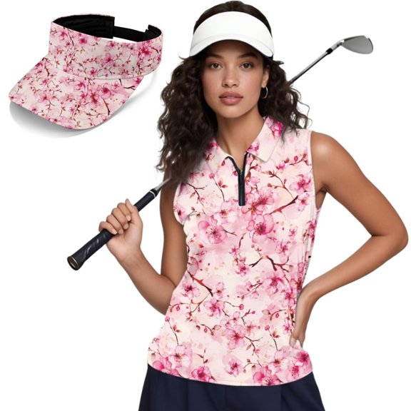 Garronmavis Cherry Blossom Women's Golf Shirt and Sun Visor Hat Set Moisture-Wicking Quick-Dry Sleeveless Racerback Adjustable UV Protective Visor for Golf Tennis Hiking Running Daily Casual Wear