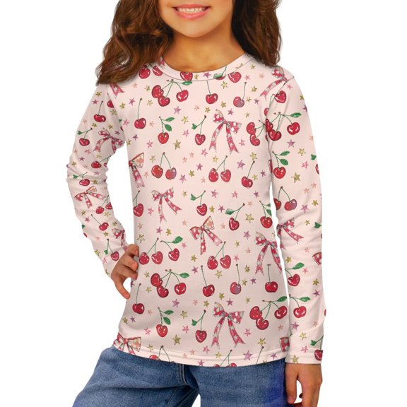 Garronmavis Cherry Girls Long Sleeve T-Shirts Size 7-8 Loose Bowknot Kids Basic Soft Long Sleeve Tees Top Warm Casual Crewneck Loose Fit Tee Tops Lightweight for Daily Life