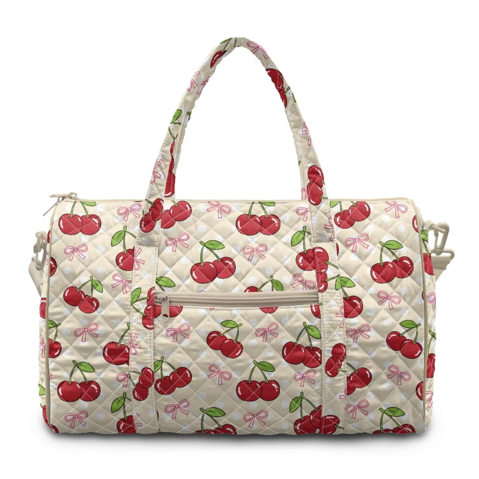 Garronmavis Cherry Print Quilted Duffle Bag for Women Large Weekender Travel Bag Cute Gym Dance Overnight Carry On Tote with Zipper Pockets Luggage Sleeve