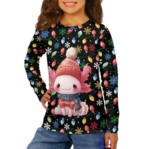 Garronmavis Christmas Axolotl Girls Long Sleeve T-Shirts Size 11-12 Warm Colorful Lights Long Sleeve Crewneck T-Shirts Tee Tops Comfortable Casual Crewneck Loose Fit Tee Tops