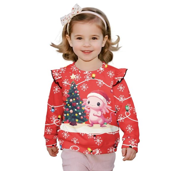 Garronmavis Christmas Axolotls Toddler Girl Sweatshirt Lightweight Long Sleeve Pullover Crewneck Tops Shirts Stylish Pullover Drop Shoulder Sweater Top Lightweight for Girls Aged 2-3