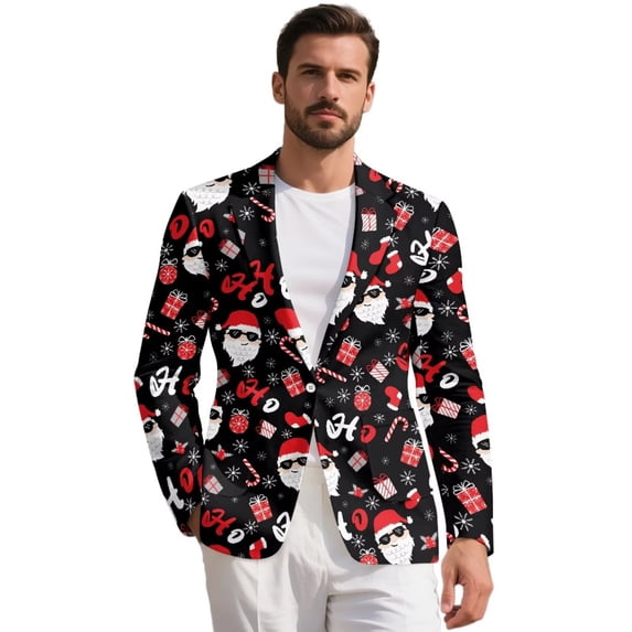 Garronmavis Christmas Blazer Men Formal Jacket Santa Claus One Button-Front Notched Lapel Blazer Jackets with Pocket Black Blazer Dress Size L