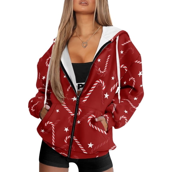 Garronmavis Christmas Candy Cane Women's Long Sleeve Sweatshirts Size 3XL Comfortable Women's Zip Up Sweatshirts Comfy Versatile Hoodies for Women Oversized Sweatshirt