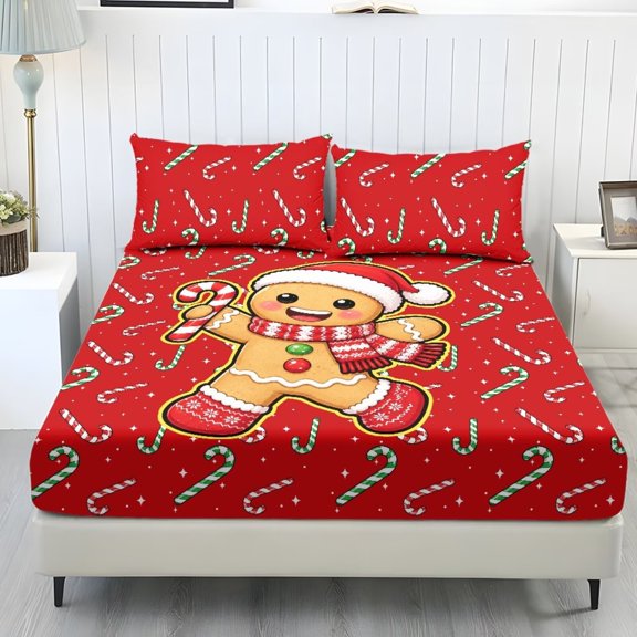 Garronmavis Christmas Gingerbread Man Pattern 3 Piece Bed Sheet Set, 1 Deep Pocket Fitted Sheet + 2 Pillow, Soft Holiday Bedding Set for Bedroom Guest Room Xmas Decor, 137cm*193cm
