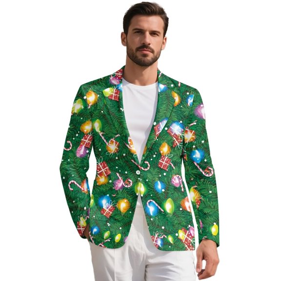 Garronmavis Christmas Light Men's Suit Jacket Lined One Button Slim Fit Sport Coat Business Daily Blazer Plus Size Blazer, Green, Size L