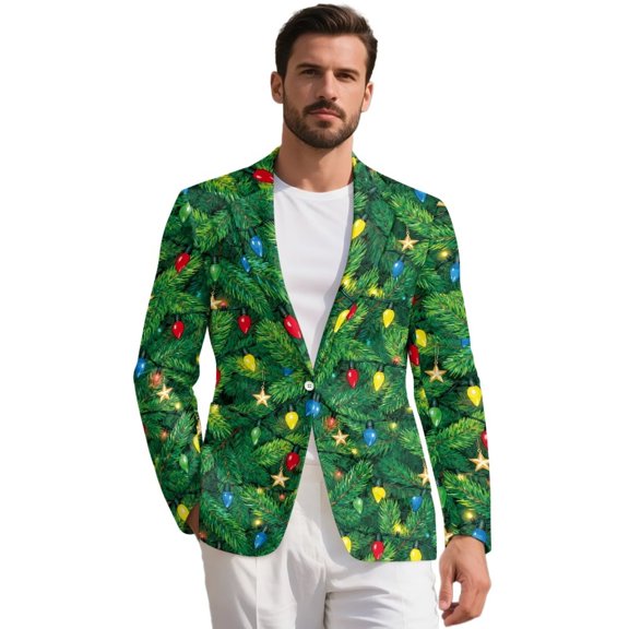Garronmavis Christmas Lights Open Front Blazers for Men Slim Fit One Button Xmas Blazer Green Long Sleeve Sport Coat Casual Business Sportcoat with Pockets Size M
