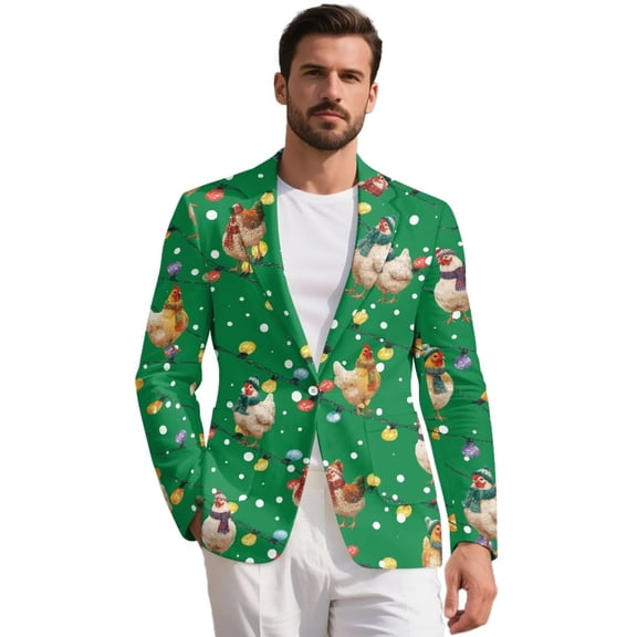 Garronmavis Christmas Men's Blazers Sport Coats One Button Formal Dress Jacket with Pockets Rooster Long Sleeve Blazer Jackets Casual Slim Fit Sport Coats for Xmas Prom Party Clubs, Green, Size S
