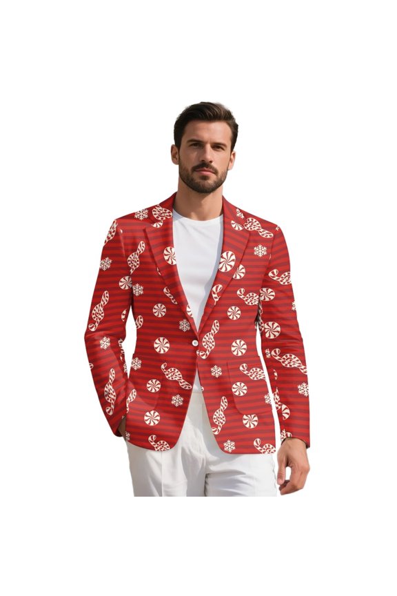 Christmas Mens Suit Jacket Slim Fit Lined Blazer for Men Business Suit Blazer Candy Print Lightweight Casual Sport Coats for Daily Summer Wedding, Red, Size 5XL