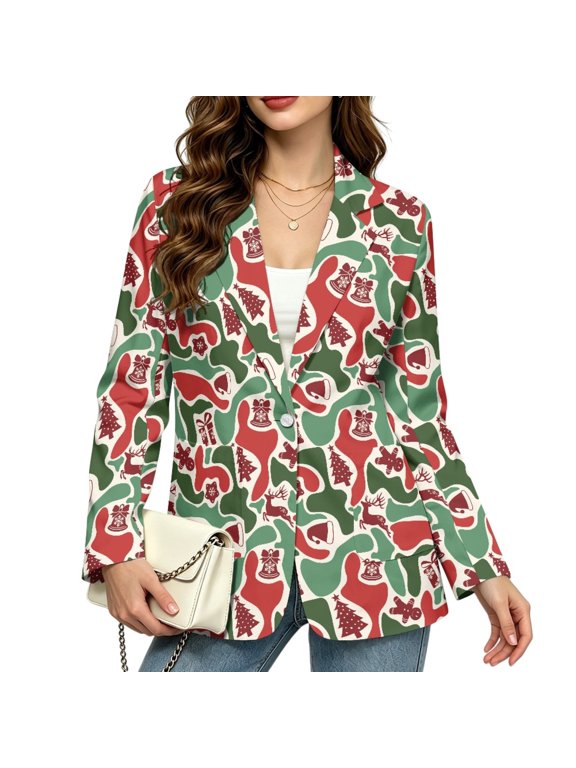 Christmas Pattern Print Loose Fit Suit Jacket for Women Single Button Casual Blazer with Pockets for Holiday Party Office Work Wear, 2XL
