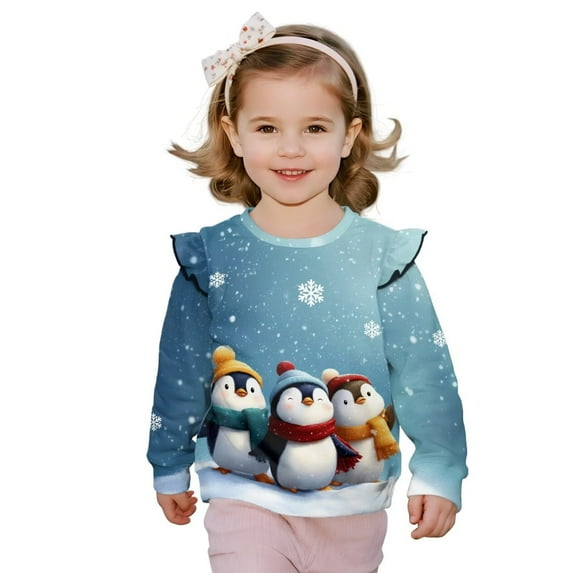 Garronmavis Christmas Penguin Long Sleeve Pullover Fashion Long Sleeve Fall Winter Tops Ruffle Girls Pullover Crewneck Sweatshirt Comfortable Fall Winter Clothes for Girls Aged 3-4
