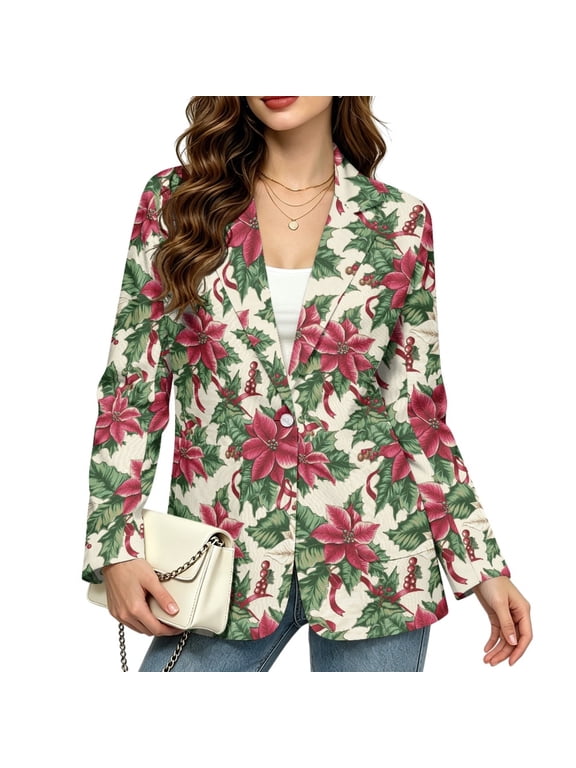 Christmas Poinsettia Women's Office Blazer Long Sleeve Single Button Casual Suit Jacket for Holiday Party Work Business Outfits, 3XL