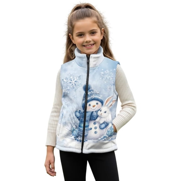 Garronmavis Christmas Snowman Full Zip Vest Stand Collar Rabbit Girl Vest 7-8 Stylish Zipper Winter Sleeveless Jacket with Pockets Wind Proof Sleeveless Outwear Vests for Daily Life