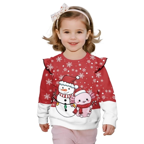 Garronmavis Christmas Snowman Girls Sweatshirts Fashion Axolotl Pullover Drop Shoulder Sweater Top Polyester Spandex Fabric Ruffle 4T Long Sleeve Girls Top Stylish for Outdoor Activities