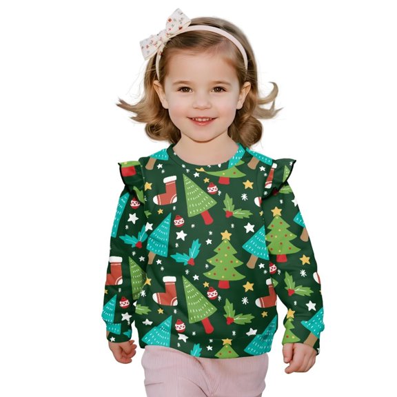 Garronmavis Christmas Trees Long Sleeve Pullover Polyester Spandex Fabric Ruffle Long Sleeve Girls Top 4T Girls Pullover Crewneck Sweatshirt Comfortable for Outdoor Activities