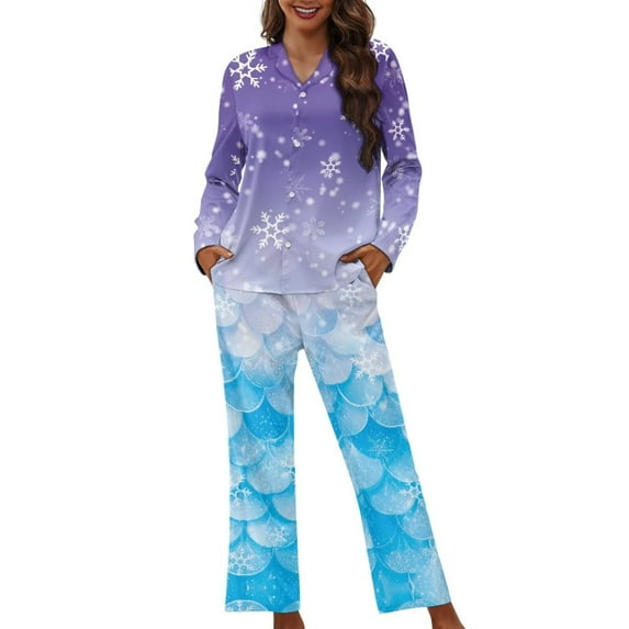 Garronmavis Christmas Womens Button Down Pajama Set Button Down Loungewear Lightweight Thermal Nightwear with Pockets Christmas Snowflake Fish Scale