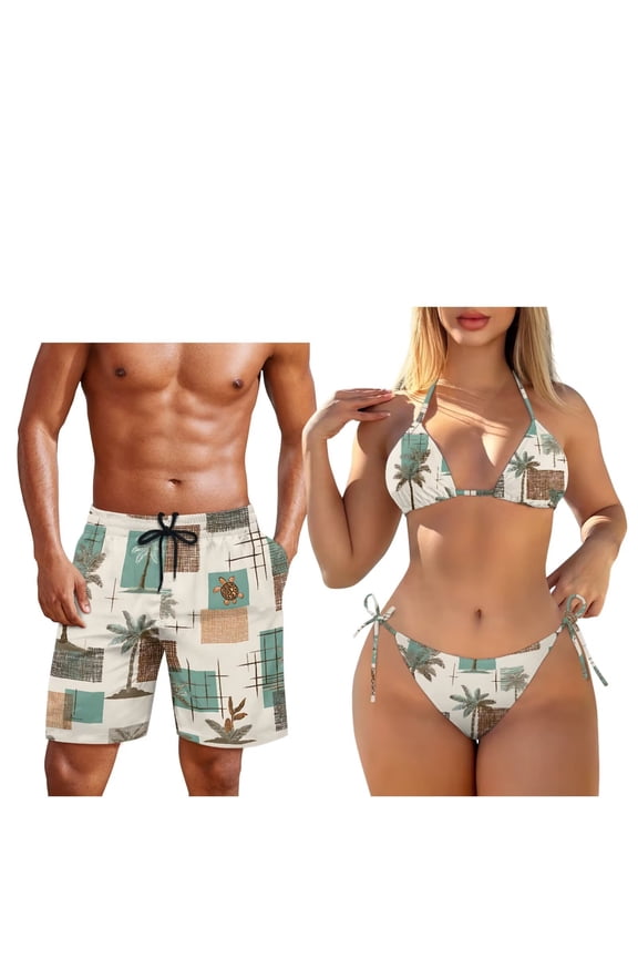 Coconut Trees Couple Swimsuits Matching Sets Womens 2 Piece Bikini Swimsuits String Bathing Suit Spaghetti Strap Swimwear and Men's Swim Trunks Surfing Board Shorts