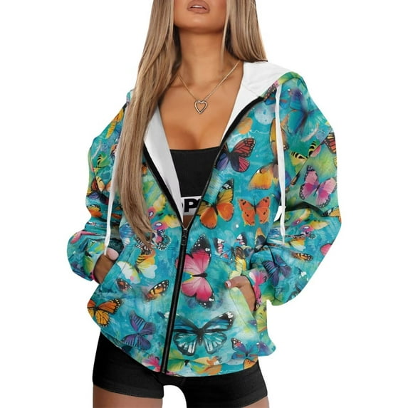 Garronmavis Colorful Butterfly Women Full Zip Up Oversized Sweatshirts XS Breathable Warm Womens Fashion Tops Hoodies Comfortable Warm Winter Fall Outfits Fashion Clothes