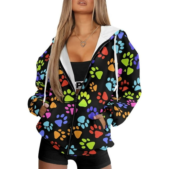 Garronmavis Colorful Dog Paw Women Sweatshirt Oversized Long Sleeve Lightweight Casual Womens Oversized Zip Up Sweatshirt Warm Soft Fall Sweaters Hoodies Zip Up Shirts Clothes
