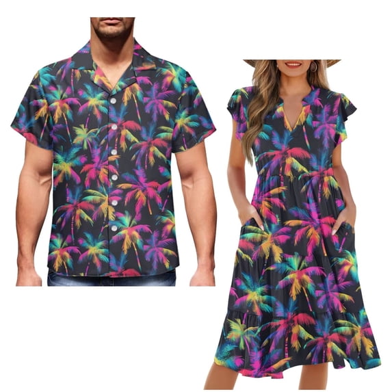 Garronmavis Colorful Palm Leaf Matching Couple Outfits Men's Short Sleeve Shirt Comfort Beach Shirts for Summer and Women's V-neck Dress Size 3XL Flowy Hawaiian Party Sundress