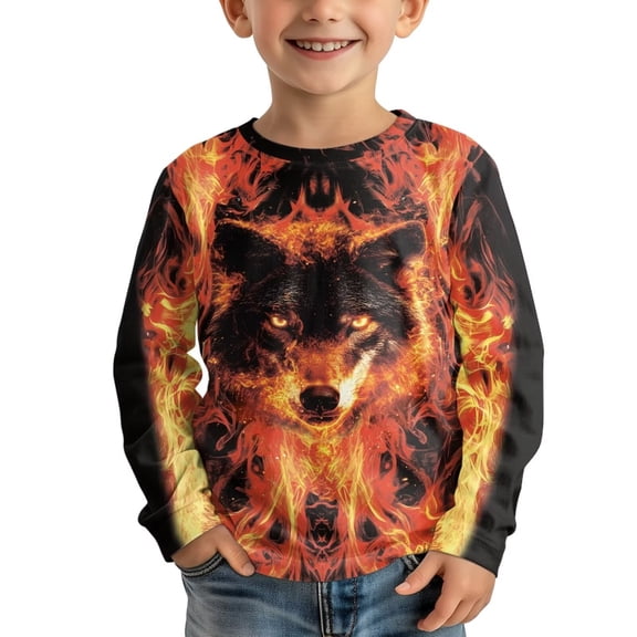 Garronmavis Cool Wolf Boys Long Sleeve T-Shirts Size 3-4 Loose Fire Kids Basic Soft Long Sleeve Tees Top Warm Casual Crewneck Loose Fit Tee Tops Lightweight for Daily Life