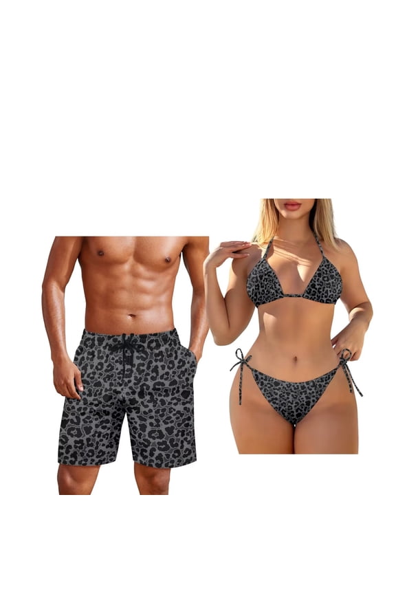 Couple Bathing Suits Matching Set Black Leopard Sexy Bikini Sets for Women 2-Piece Triangle Tie Bathing Suits and Mens Swim Trunks Quick Dry Board Shorts