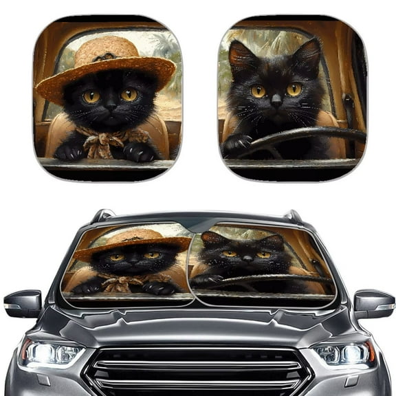 Garronmavis Couple Black Cat Drivers Sun Shade Car Windshield 2 Piece Car Front Window Sunshade Foldable Universal Sunlight Protector
