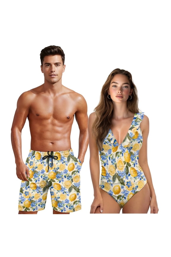 Couple Matching Swimsuits Lemon Floral Ruffled One Piece Bathing Suits for Women V Neck Tummy Control Slimming Swimsuits Quick Dry Breathable Drawstring Swim Trunks for Men-XL