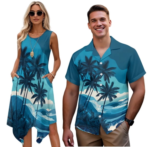 Garronmavis Couple Outfits Matching Sets Blue Palm Tree Mens Button Down Shirt Beach Tops and Polyester Women's Tank Dress Irregular Hem Midi Sundress with Pocket