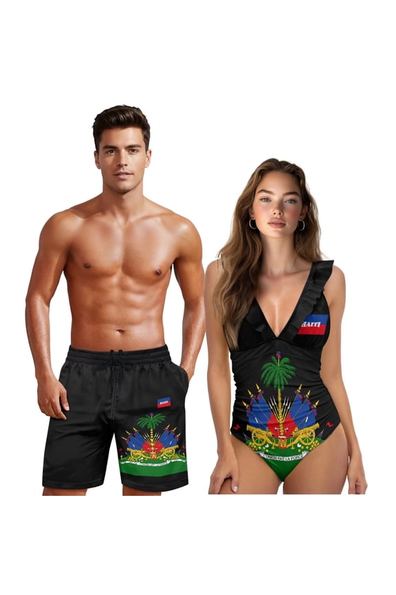 Couple Swimsuits Matching Set Haiti Flag Women Ruffled One Piece Swimsuit Tummy Control Slimming Bathing Suits Mens Swim Trunks Lightweight Breathable Beach Shorts