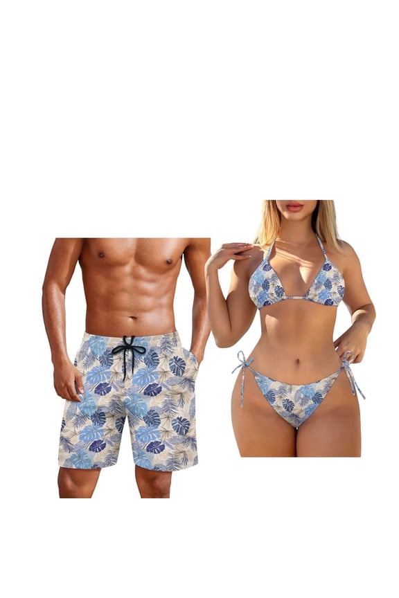 Couple Swimsuits Matching Set Palm Leaves Hawaiian Swimwear Bikini Sets for Women 2 Piece Halter Triangle High Cut Thong Bathing Suits and Men's Swim Trunks Beach Shorts with Pockets