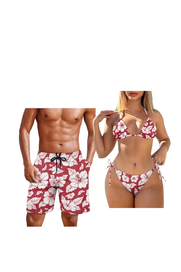 Couple Swimsuits Matching Set Red Hibiscus Flowers Women's Bikini Set Two Piece Swimsuit Halter String Side Tie Bathing Suit Men's Swim Trunks Casual Board Shorts-L