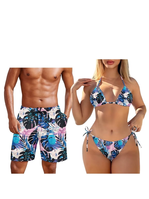 Couple Swimsuits Matching Set Tropical Leaves Bikini Sets for Women Halter Triangle Swimwear Cheeky High Cut Thong Bathing Suits and Men's Swim Trunks Beach Shorts