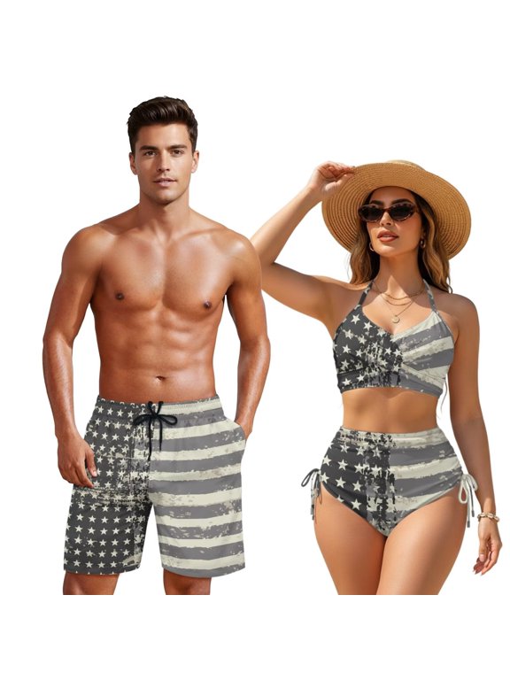 Couple Swimwear Matching Sets Retro American Flag Women High Waisted Tummy Control Swimwear and Men's Swim Trunks Quick Dry Beach Swimsuits 4th of July Swimsuits