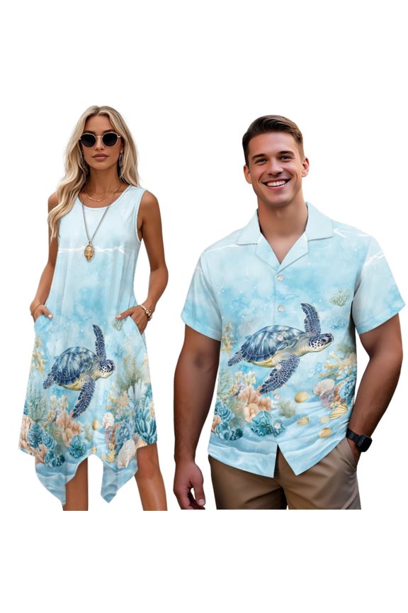 Couples Matching Outfits Mens Button Down Shirt Soft Sea Turtle Workwear and Women's Tank Dress Irregular Hem Sleeveless Sundress