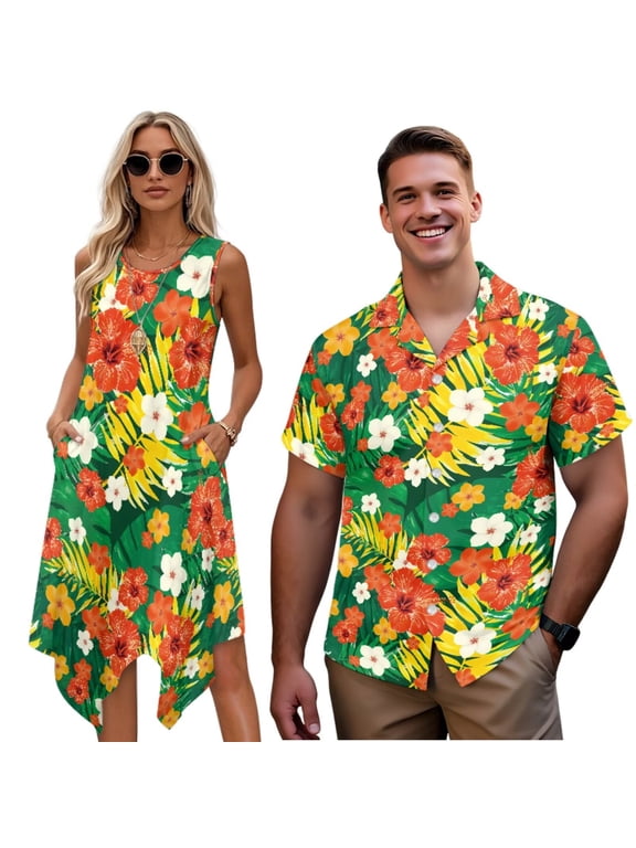 Couples Matching Outfits Polyester Mens Short Sleeve Shirt Size XL and Womens Sleeveless Dress with Pocket Colorful Hawaiian Flower Midi Tank Dresses