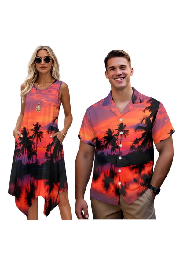 Couples Outfits Matching Sets Summer Short Sleeve Shirt for Men Size 5XL Sunset Glow Hawaiian Blouse Tops and Women's Tank Dress Irregular Hem Hawaiian Vacation Sundress