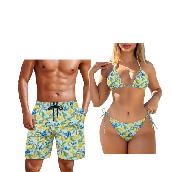 Garronmavis Couples Swimwear Matching Set Lemon Butterfly Women Triangle Bikini Set Drawstring Side Tie Bathing Suits and Mens Swimming Shorts Breathable Swim Trunks