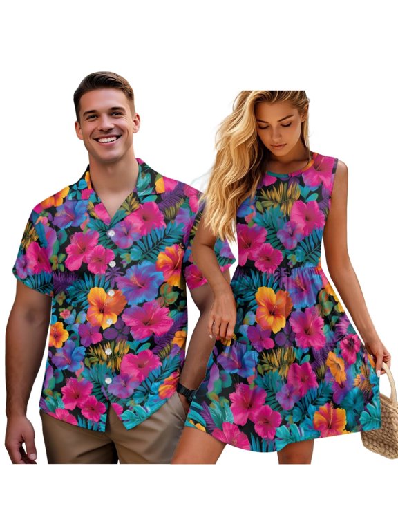 Couples Vacation Outfits Matching Sets Colorful Hibiscus Short Sleeve Shirt Size L and Women's Crewneck Sleeveless Tank Dress Elastic Mini Dress