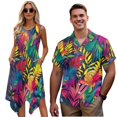 thumbnail image 1 of Garronmavis Couples Vacation Outfits Matching Sets Short Sleeve Shirt for Men Colorful Leaves Lightweight Button Down Shirts and Women's Tank Dress Soft Hawaiian Sundress Size L, 1 of 7