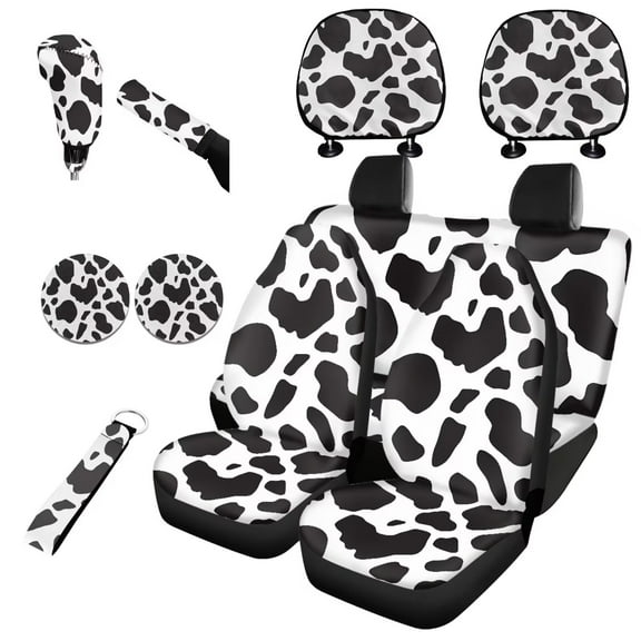 Garronmavis Cow Point Print Car Seat Covers Full Set Set of 11 Comfortable Decor Interior with Cars Headrest Protectors Wristlet Keychain Auto Cup Coaster Handbrake Gear Shift Knob Cover