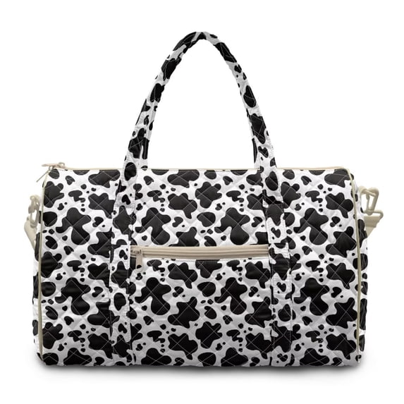 Garronmavis Cow Print Large Quilted Duffle Bag for Women,Overnight Travel Carry On Bag with Zipper Pocket Luggage Sleeve Quilted Travel Bag for Gym, Work