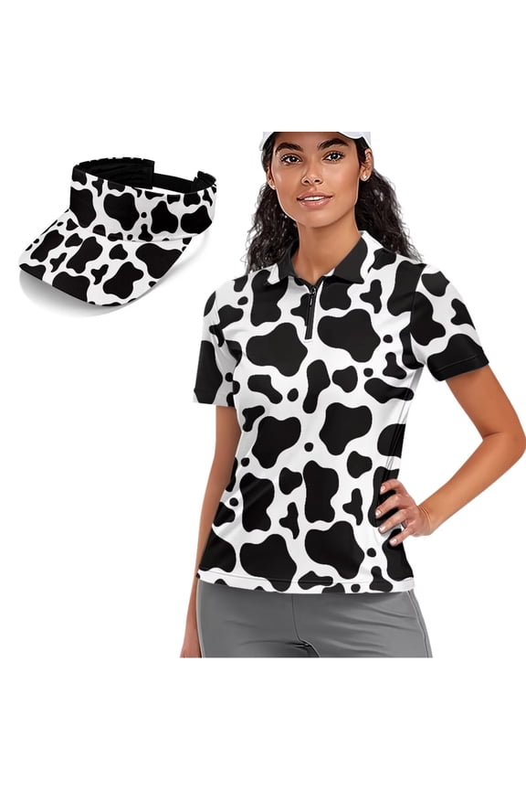 Cow Print Women's Golf Shirt and Sun Visor Hat Set Short Sleeve Golf Shirts Quick Dry Moisture Wicking Fabric Adjustable UV Protection Sun Hat Cap for Golf Tennis Hiking