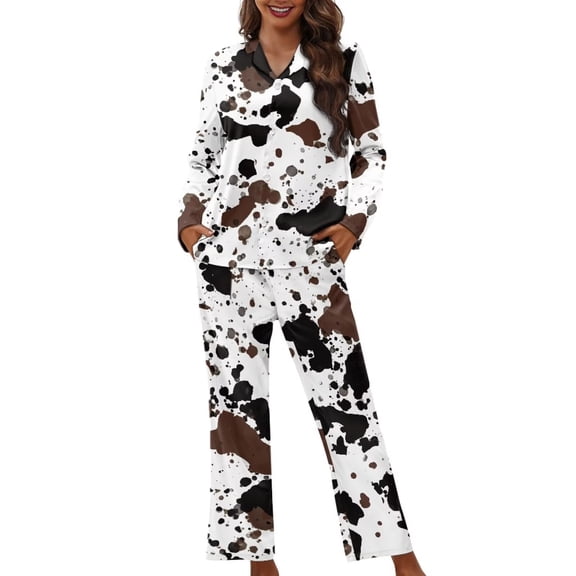 Garronmavis Cow Print Womens Pajama Set 2 Piece V-Neck Long Sleeve Sleepwear Button Down Soft Comfy Loungewear Set Nightwear PJs Homewear with Pockets