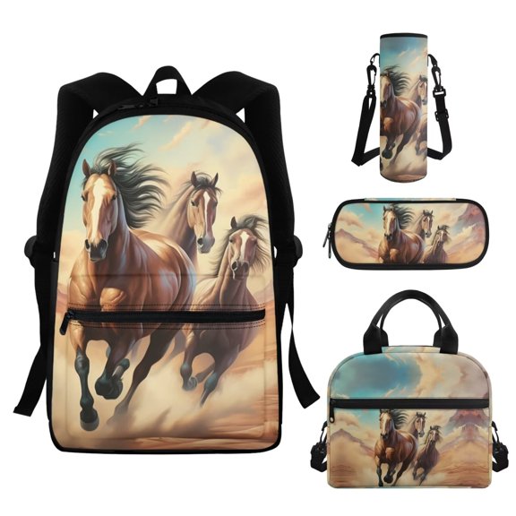 Garronmavis Crazy Horse Backpack for School Girls 8-10 Kindergarten Elementary School Bag for Boys Lunch Tote 10-12 Zipper Pencil Case Travel Shoulder Purse Water Bottle Holder with Strap