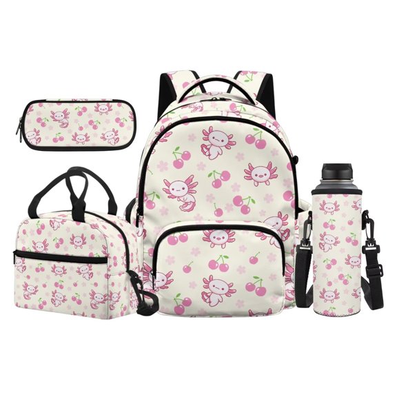 Garronmavis Cream Base Cherry Blossom Allover Axolotl Kids Backpack Set, 17 Inch Elementary Girls Bookbag with Insulated Lunch Box, Pencil Case and Water Bottle Holder for Kawaii Salamander Lovers