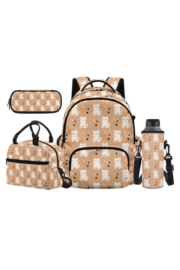 Cream Beige Allover Heart Outline Cartoon CAT Children Backpack Combo, 17 Inch Pet Cat Theme School Bag with Thermal Lunch Pack, Pen Case and Drink Bottle Holder