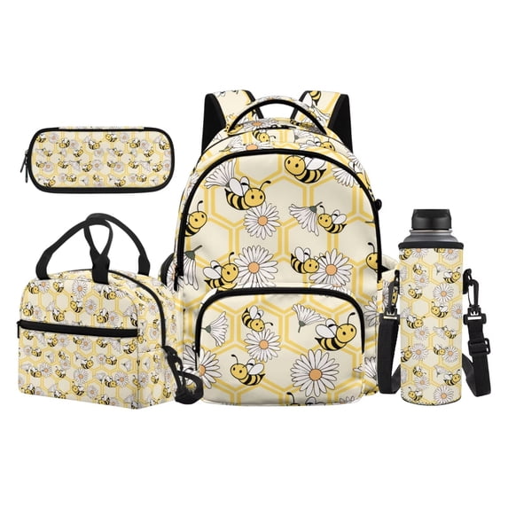 Garronmavis Cream & Daisy Allover Cute Bee 4 In 1 Backpack Combo, Large Capacity 17 Inch Student Daypack with Thermal Lunch Tote, Stationery Pouch & Drink Bottle Sleeve