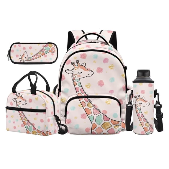 Garronmavis Cream Pastel Confetti Dot Cartoon Giraffe Children Backpack Combo, 17 Inch Safari Animal Casual School Bag with Thermal Lunch Pack, Pen Case and Drink Bottle Holder